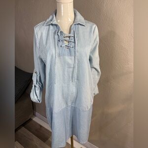 Karlie Blue & White Striped Lace-Up Shirt Dress – Medium